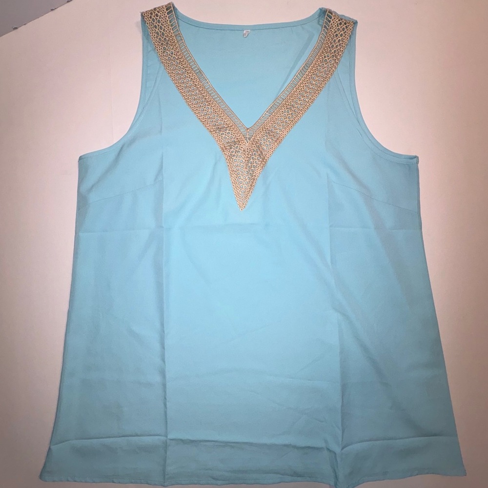 Womens Palm Grove Tropical Leaf Tank and Feather Print Top Bundle Blue Coral L - Picture 2 of 15
